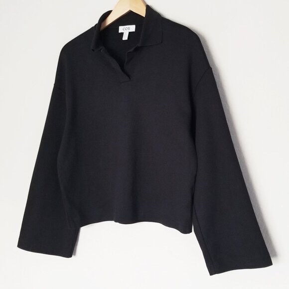 COS Jersey Rugby Shirt Top XS Black Collar V Neck Wide Long Sleeves Minimalist - Picture 6 of 16